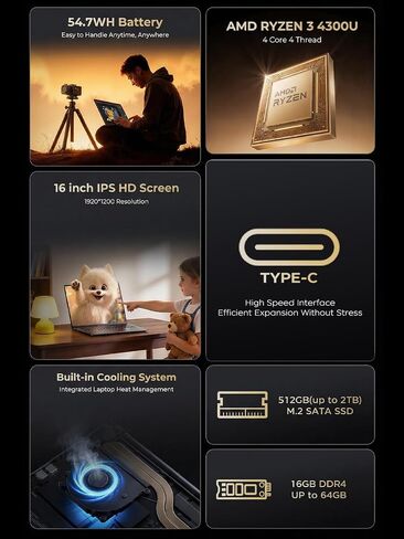 KAIGERR Gaming Laptop, Laptops with AMD Ryzen 4300U(Up to 3.7GHz), 16GB DDR4 512GB SSD Laptop Computer, 16.0inch Windοws 11 Laptop, 1920P FHD Display, WiFi 6, USB3.2, Type_C, Webcam Cover Slide in Saudi Arabia