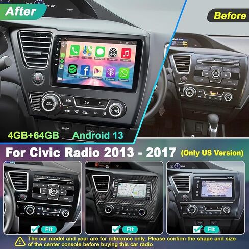 راديو سيارة 4G+64G لسيارة Honda Civic 2013-2017 (الإصدار الأمريكي فقط) مع Carpaly اللاسلكي وAndroid Auto، ستيريو سيارة بشاشة تعمل باللمس IPS مقاس 9 بوصة مع نظام ملاحة GPS/بلوتوث 5.2/FM/كاميرا احتياطية/WiFi/SWC/HiFi in Saudi Arabia
