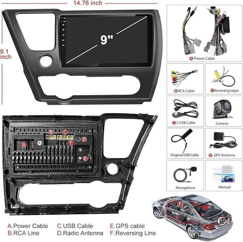 راديو سيارة 4G+64G لسيارة Honda Civic 2013-2017 (الإصدار الأمريكي فقط) مع Carpaly اللاسلكي وAndroid Auto، ستيريو سيارة بشاشة تعمل باللمس IPS مقاس 9 بوصة مع نظام ملاحة GPS/بلوتوث 5.2/FM/كاميرا احتياطية/WiFi/SWC/HiFi in Saudi Arabia