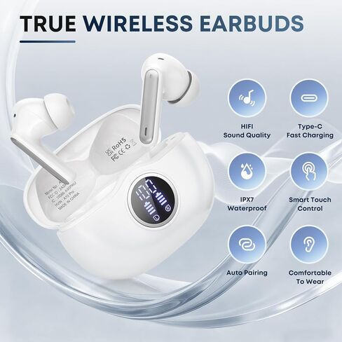 Wireless Earbuds Bluetooth 5.4 Headphones, Noise Cancelling Mic Ear Buds with 50H Playback, LED Digital Display, IPX7 Waterproof Earphones (Pure White) in Saudi Arabia