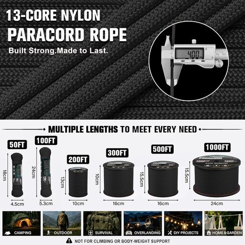 Paracord Rope 1000 lb - 13-Strand Nylon Cord 100ft Parachute Cord - 4MM 5/32" Utility String for Camping Survival Outdoor Gear DIY Bracelet Clothesline Black in Saudi Arabia