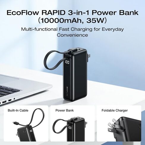 EF ECOFLOW Rapid 3-in-1 Portable Charger, 10,000mAh Power Bank with Built-in USB-C Cable and Foldable Wall Plug, 30W Max Battery Pack, Travel Essentials for iPhone 17/16/15 Series, Galaxy, MacBook in Kuwait