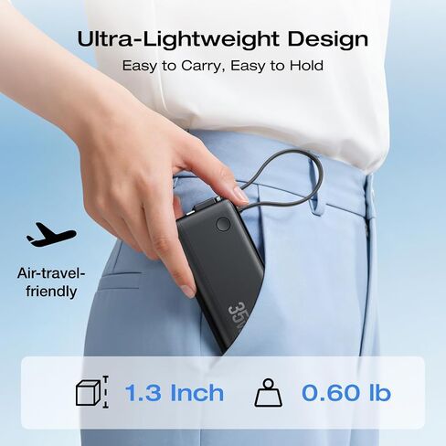 EF ECOFLOW Rapid 3-in-1 Portable Charger, 10,000mAh Power Bank with Built-in USB-C Cable and Foldable Wall Plug, 30W Max Battery Pack, Travel Essentials for iPhone 17/16/15 Series, Galaxy, MacBook in Kuwait
