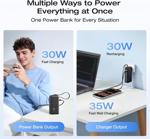 EF ECOFLOW Rapid 3-in-1 Portable Charger, 10,000mAh Power Bank with Built-in USB-C Cable and Foldable Wall Plug, 30W Max Battery Pack, Travel Essentials for iPhone 17/16/15 Series, Galaxy, MacBook in Kuwait