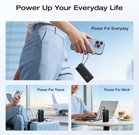 EF ECOFLOW Rapid 3-in-1 Portable Charger, 10,000mAh Power Bank with Built-in USB-C Cable and Foldable Wall Plug, 30W Max Battery Pack, Travel Essentials for iPhone 17/16/15 Series, Galaxy, MacBook in Kuwait