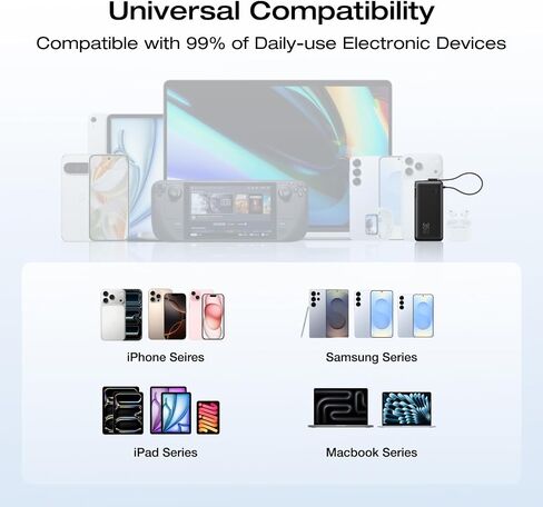 EF ECOFLOW Rapid 3-in-1 Portable Charger, 10,000mAh Power Bank with Built-in USB-C Cable and Foldable Wall Plug, 30W Max Battery Pack, Travel Essentials for iPhone 17/16/15 Series, Galaxy, MacBook in Kuwait