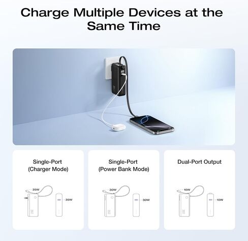 EF ECOFLOW Rapid 3-in-1 Portable Charger, 10,000mAh Power Bank with Built-in USB-C Cable and Foldable Wall Plug, 30W Max Battery Pack, Travel Essentials for iPhone 17/16/15 Series, Galaxy, MacBook in Kuwait