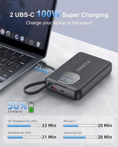 Portable Charger 100W Laptop Power Bank 20000mAh with Built-in USB-C Cable, USB-C Input/Output Battery Pack for Laptops, MacBook, Smartphones, Tablets (Black) in Kuwait