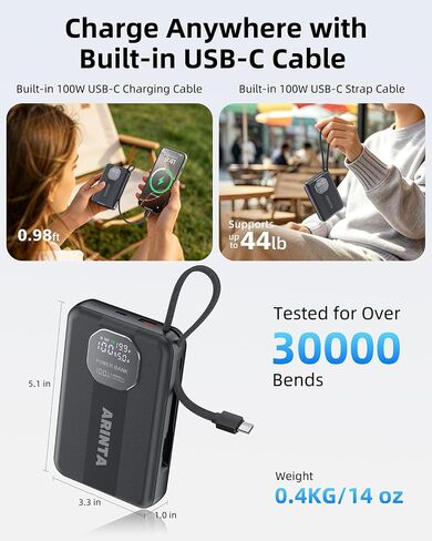 Portable Charger 100W Laptop Power Bank 20000mAh with Built-in USB-C Cable, USB-C Input/Output Battery Pack for Laptops, MacBook, Smartphones, Tablets (Black) in Kuwait