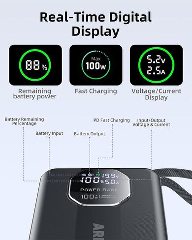 Portable Charger 100W Laptop Power Bank 20000mAh with Built-in USB-C Cable, USB-C Input/Output Battery Pack for Laptops, MacBook, Smartphones, Tablets (Black) in Kuwait