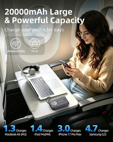 Portable Charger 100W Laptop Power Bank 20000mAh with Built-in USB-C Cable, USB-C Input/Output Battery Pack for Laptops, MacBook, Smartphones, Tablets (Black) in Kuwait
