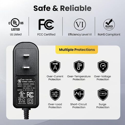 UL Listed 6V 2A AC DC Power Supply Adapter 6 ft Replacement Backup Cord for Elliptical Bike, Auto Trash Can, Animatronics, BP Monitor, Trail Cam, Digital Picture Frame in Saudi Arabia