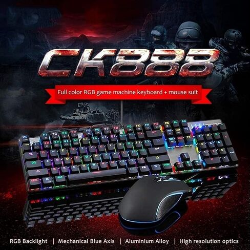Wired Gaming Mechanical Keyboard and Mouse Combo Blue 104 Keys with Colourful Backlit for Office Typewriter Keypad (Colour: Black) in Saudi Arabia