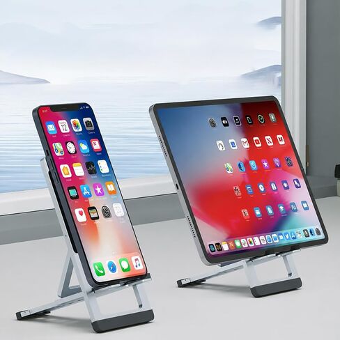 DEERLAMN Adjustable Cell Phone Holder Desktop, Aluminum Alloy Foldable and Portable Ultra-Thin Lightweight Metal Stand Holder for Phone/Tablet, Silver in Kuwait