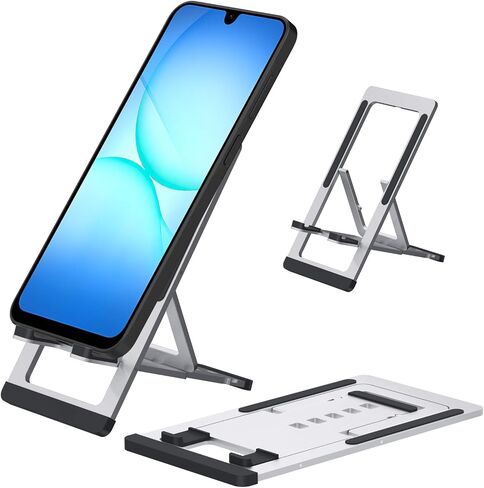 DEERLAMN Adjustable Cell Phone Holder Desktop, Aluminum Alloy Foldable and Portable Ultra-Thin Lightweight Metal Stand Holder for Phone/Tablet, Silver in Kuwait