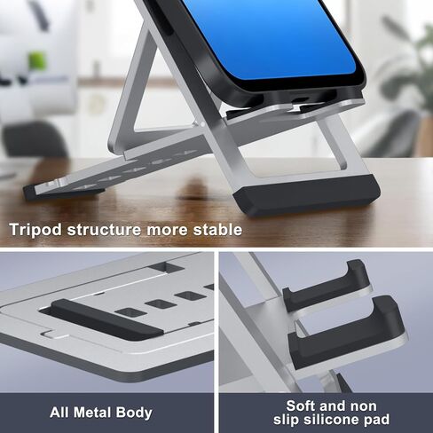 DEERLAMN Adjustable Cell Phone Holder Desktop, Aluminum Alloy Foldable and Portable Ultra-Thin Lightweight Metal Stand Holder for Phone/Tablet, Silver in Kuwait