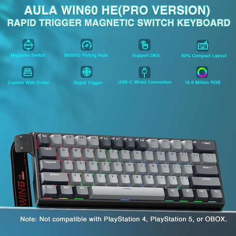 Aula WIN60 HE Pro- 60% Mechanical Gaming Keyboard Wired, Hall Effect Magnetic Switch Keyboard+SM802 Wireless Gaming Mouse,24,000 DPI Max,Lightweight Computer Mouse for Laptop/PC in Kuwait