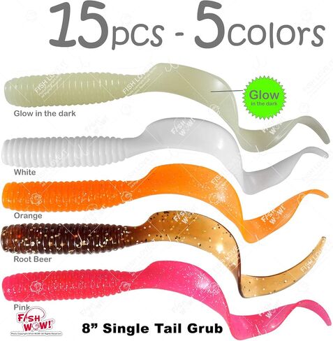 15pcs 8" (with Tail Extended) Curly Single Tail Perch Grub Lure 5 inch Scampi Soft Bait 5-Color Set Pink Orange Whie Root Beer Glow in Saudi Arabia