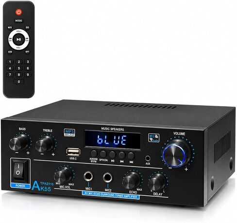AK55 Stereo Amplifier Home Audio, Bluetooth 5.0 Max 600W Power Stereo Receivers 2.0 Channel Audio Amplifier for Speaker W/Remote Control/AUX/RCA/Echo/USB/2 MIC in for Home Party, Karaoke in Kuwait