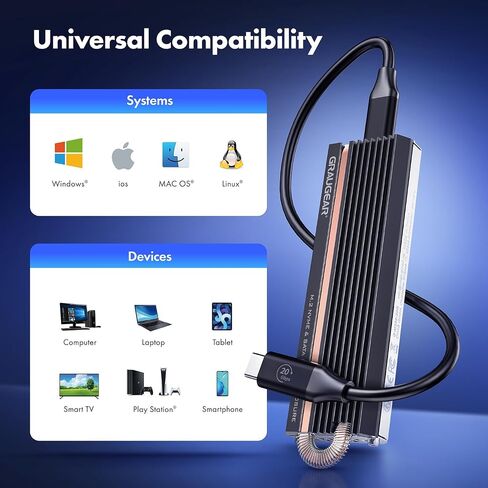 GRAUGEAR 20Gbps Enclosure for M.2 NVMe & SATA SSD, USB3.2 Gen2x2 20Gbps, Supports M.2 2280/2260/2242/2230, Heatpipe Cooling, Silent in Kuwait
