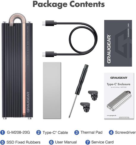 GRAUGEAR 20Gbps Enclosure for M.2 NVMe & SATA SSD, USB3.2 Gen2x2 20Gbps, Supports M.2 2280/2260/2242/2230, Heatpipe Cooling, Silent in Kuwait