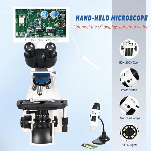 HSL مجهر مركب ثلاثي العينيات للبالغين محترفين، طقم مجهر رقمي LCD مقاس 9 بوصات، مجاهر إلكترونية خفيفة، مختبر مجهر بيولوجي مع شاشة نطاق ميكرو 400x 1000x in Kuwait