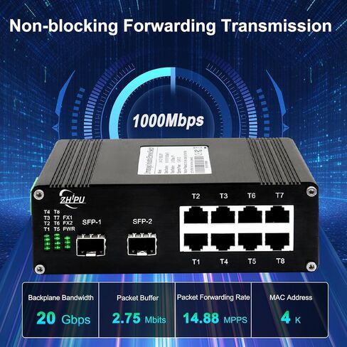 محول ألياف بصرية إيثرنت صناعي 8 منافذ 10/100/1000 ميجابت في الثانية مع فتحة 2 جيجابت SFP، محول شبكة 10 منافذ مرتبط بعرض نطاق ترددي 20 جيجابت في الثانية، سكة Din أو سطح المكتب in Kuwait