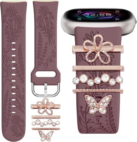 Floral Engraved Bands Compatible with Fitbit Versa 4/Versa 3/Sense 2/Sense Band with Charms, Soft Silicone Sport Fancy Replacement Wristbands Strap with Cute Decorative Rings Accessories for Women in Saudi Arabia