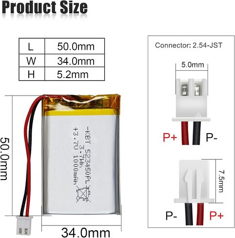 KBT 3.7V 1000mAh Li-Polymer Battery: 523450 Lipo Rechargeable Lithium-ion Replacement Batteries with PH 2.54 JST Connector, PH1.25/2.0 JST Connector for Replacement in Kuwait