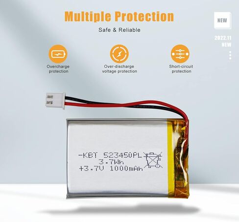 KBT 3.7V 1000mAh Li-Polymer Battery: 523450 Lipo Rechargeable Lithium-ion Replacement Batteries with PH 2.54 JST Connector, PH1.25/2.0 JST Connector for Replacement in Kuwait