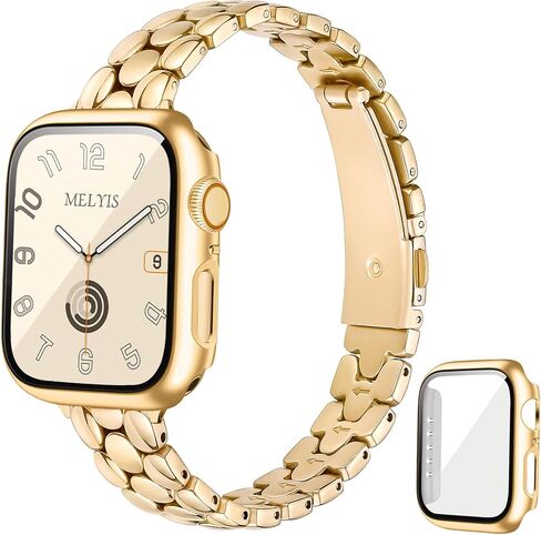 Melyis Slim Metal Band with Case Fits Apple Watch Bands for Women 40mm, Thin Stainless Steel iWatch Bands for Women, Dressy Band for Apple Watch with Screen Protector Series SE 6 5 4, Gold in Saudi Arabia