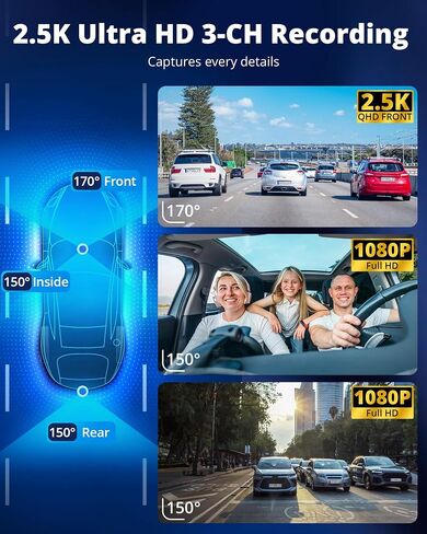 3 Channel Dash Cam Front and Rear Inside - 2.5K Car Dash Camera with 64GB Card, 5GHz WiFi Wireless Dashcam for Cars, APP Control, Super Night Vision, HDR, G-Sensor in Saudi Arabia