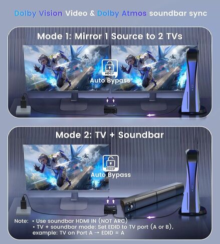 مقسم HDMI 2.1 1 في 2 خارج 8K@60 هرتز مع كابل HDMI 4ft 8K، HDCP 2.3 4K@120 هرتز HDMI لشريط الصوت، يدعم VRR، ALLM، HDR10+، Dolby Vision/Atmos 7.1ch، Down Scaler، 48 جيجابت في الثانية لـ PS5 in Kuwait
