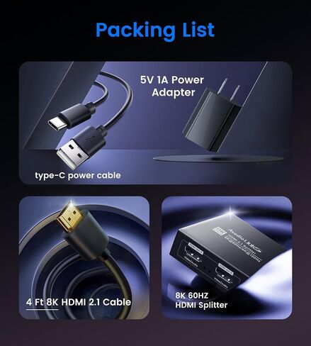 مقسم HDMI 2.1 1 في 2 خارج 8K@60 هرتز مع كابل HDMI 4ft 8K، HDCP 2.3 4K@120 هرتز HDMI لشريط الصوت، يدعم VRR، ALLM، HDR10+، Dolby Vision/Atmos 7.1ch، Down Scaler، 48 جيجابت في الثانية لـ PS5 in Kuwait