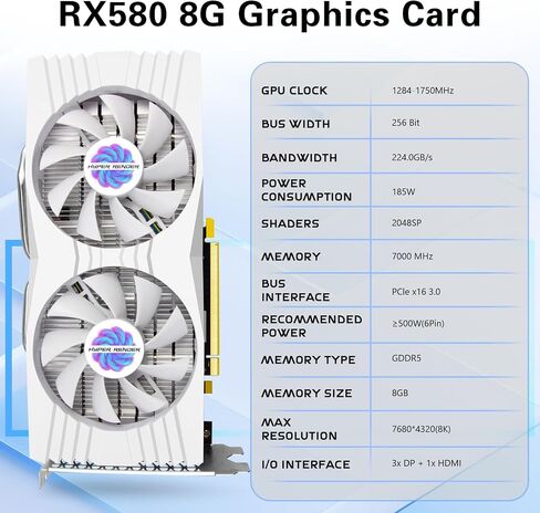 RX 580 8GB Graphics Card 2048SP DDR5 256 Bit Graphics Card for Gaming PC Computer Graphics Boards PCIE 3.0 Twin Freeze Fans Computer Video Card with HDMI/DP/Ports (White) in Saudi Arabia