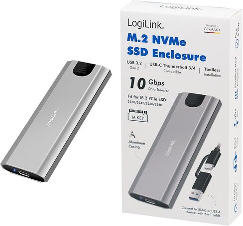LogiLink UA0439 - حاوية القرص الصلب لمحركات الأقراص الصلبة M.2 NVMe (PCIe) SSD، USB 3.2 Gen 2، حتى 10 جيجابت في الثانية، USB-A+C in Kuwait