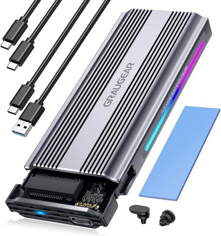 GRAUGEAR M.2 SSD Aluminium Enclosure, 10Gbps, NVMe & SATA, USB 3.2 Gen2, Supports 2280/2260/2242, Dynamic RGB Lighting, Heatsink, Tool-Free in Kuwait