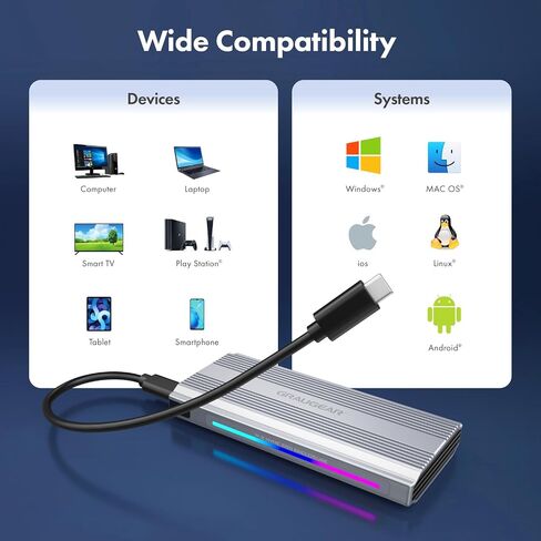 GRAUGEAR M.2 SSD Aluminium Enclosure, 10Gbps, NVMe & SATA, USB 3.2 Gen2, Supports 2280/2260/2242, Dynamic RGB Lighting, Heatsink, Tool-Free in Kuwait