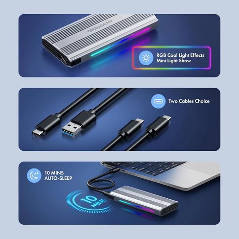 GRAUGEAR M.2 SSD Aluminium Enclosure, 10Gbps, NVMe & SATA, USB 3.2 Gen2, Supports 2280/2260/2242, Dynamic RGB Lighting, Heatsink, Tool-Free in Kuwait