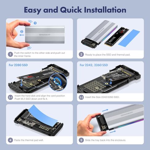 GRAUGEAR M.2 SSD Aluminium Enclosure, 10Gbps, NVMe & SATA, USB 3.2 Gen2, Supports 2280/2260/2242, Dynamic RGB Lighting, Heatsink, Tool-Free in Kuwait