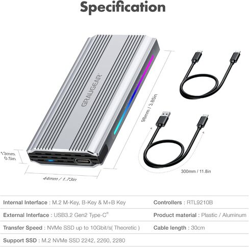GRAUGEAR M.2 SSD Aluminium Enclosure, 10Gbps, NVMe & SATA, USB 3.2 Gen2, Supports 2280/2260/2242, Dynamic RGB Lighting, Heatsink, Tool-Free in Kuwait