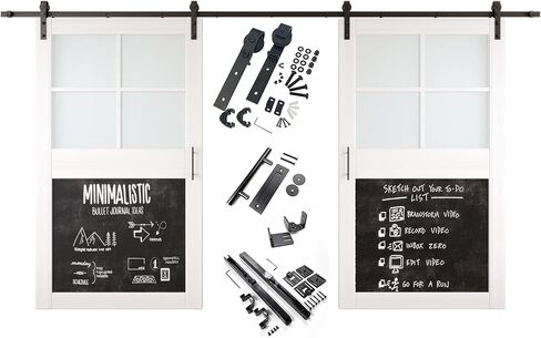 White 36x80 Half Frosted Glass Cross Design with Chalkboard Finished Unassembled Double SlidingBarn Door with Non-Bypass Installation Hardware Kit (Interior Use Only) in Saudi Arabia