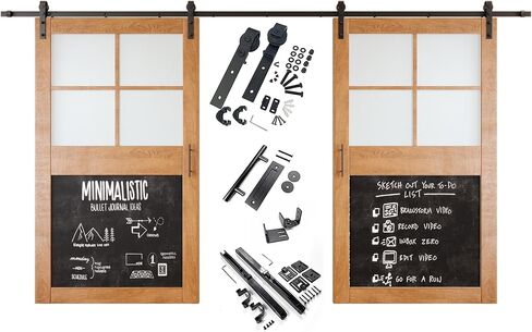 Early American 36 in. x 84 in. Double Sliding Barn Doors, Half Frosted Glass Cross Design with Chalkboard, Finished, Unassembled, Includes 13 ft Non-Bypass Hardware Kit, Interior Use Only in Saudi Arabia
