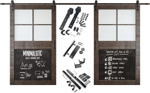 Ebony 42 in. x 84 in. Double Sliding Barn Doors, Half Frosted Glass Cross Design with Chalkboard, Finished, Unassembled, Includes 15 ft Non-Bypass Hardware Kit, Interior Use Only in Saudi Arabia