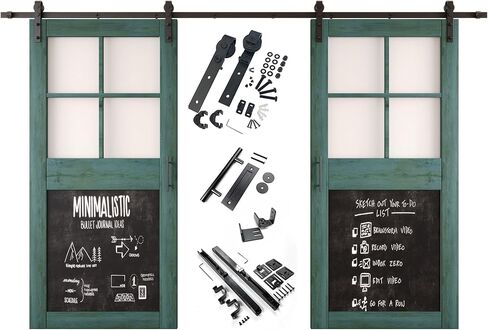 Royal Pine 26 in. x 84 in. Double Sliding Barn Doors, Half Frosted Glass Cross Design with Chalkboard, Finished, Unassembled, Includes 9 ft Non-Bypass Hardware Kit, Interior Use Only in Saudi Arabia