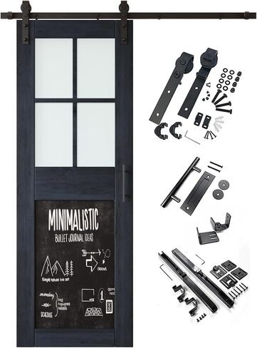 Navy 36 in. x 84 in. Sliding Barn Door, Half Frosted Glass Cross Design with Chalkboard, Finished, Unassembled, Non-Bypass Kit for 6.6 ft Track, Interior Use in Saudi Arabia