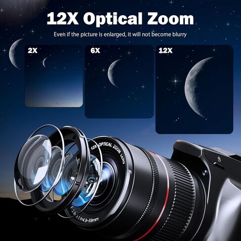 72MP 4K Digital Camera for Photography and Video, 12X Optical Zoom Bridge Camera with Macro, Flip Screen, WiFi, Auto Focus, 2 Batteries & 32GB TF Card – Ideal for Beginners & Vloggers in Saudi Arabia