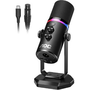 ميكروفون ديناميكي AOC USB/XLR لألعاب الكمبيوتر والبودكاست، ميكروفون بث استوديو ثنائي الوضع مع ضوء RGB، كتم الصوت السريع، مقبض التحكم في مستوى الصوت/الكسب، حامل مكتب عالي التحمل، كابلات من النوع C وXLR متضمنة in Saudi Arabia