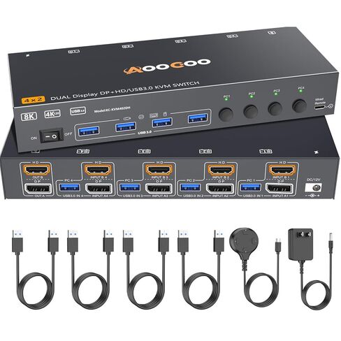 HDMI Displayport KVM Switch 4 Computers 2 Monitors, 8K@60Hz/4K@144Hz Dual Monitor KVM Switch for 4 PCs Share 2 Monitors, with 4 USB3.0 Ports, USB Cables and Power Adapter,Black 15cm HDMI DP KVM in Saudi Arabia