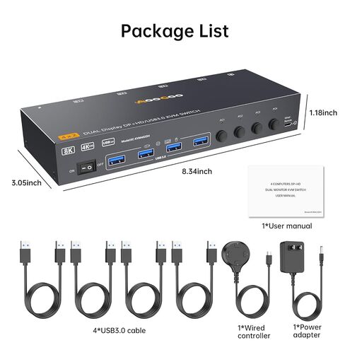 HDMI Displayport KVM Switch 4 Computers 2 Monitors, 8K@60Hz/4K@144Hz Dual Monitor KVM Switch for 4 PCs Share 2 Monitors, with 4 USB3.0 Ports, USB Cables and Power Adapter,Black 15cm HDMI DP KVM in Saudi Arabia